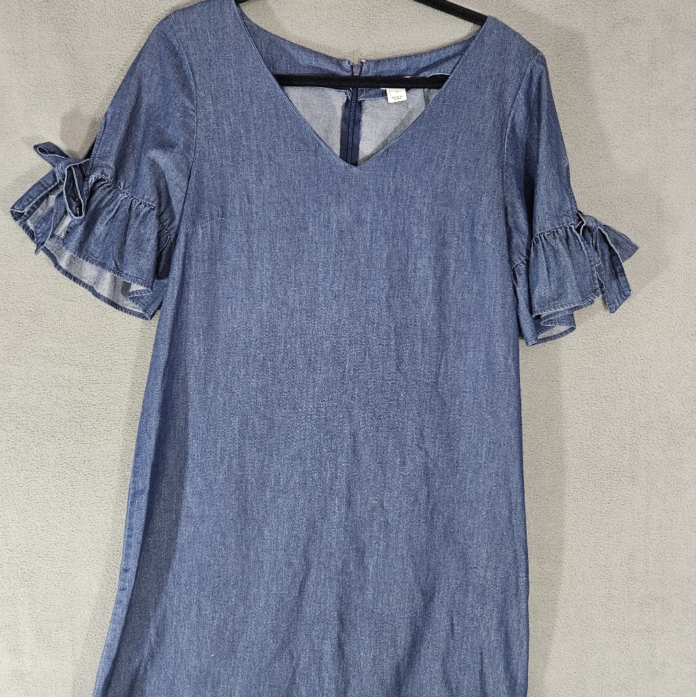 J Crew Preppy Womens Medium Denim Midi Dress Blue Ruffle Half Sleeve Vneck